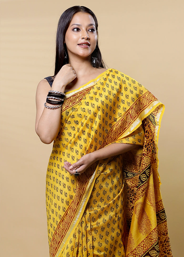 Yellow Chanderi Cotton Saree With Blouse Piece