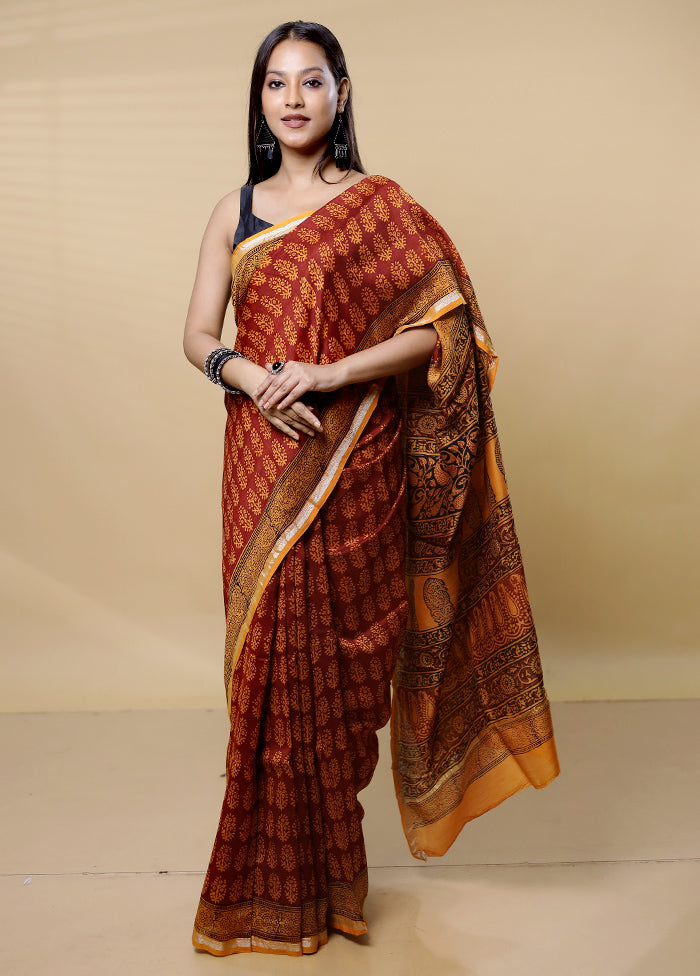 Rust Chanderi Cotton Saree With Blouse Piece