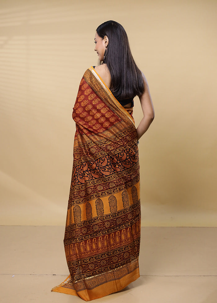 Rust Chanderi Cotton Saree With Blouse Piece