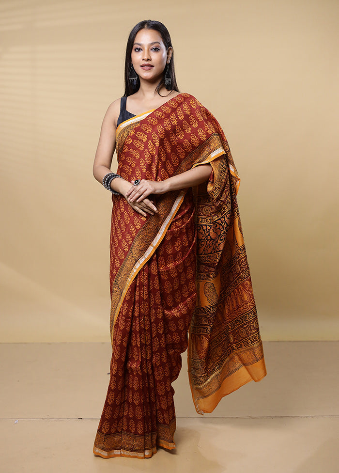 Rust Chanderi Cotton Saree With Blouse Piece