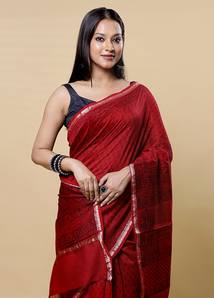 Red Chanderi Cotton Saree With Blouse Piece