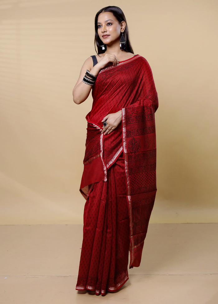 Red Chanderi Cotton Saree With Blouse Piece