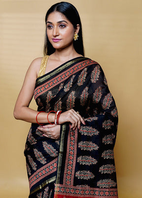 Black Chanderi Cotton Saree With Blouse Piece