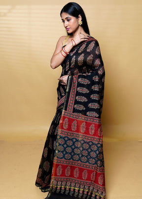 Black Chanderi Cotton Saree With Blouse Piece