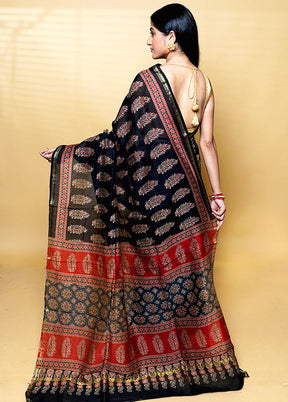 Black Chanderi Cotton Saree With Blouse Piece