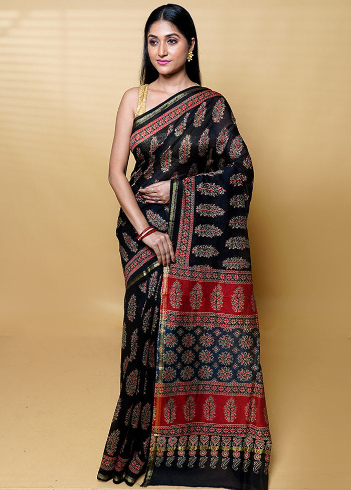 Black Chanderi Cotton Saree With Blouse Piece