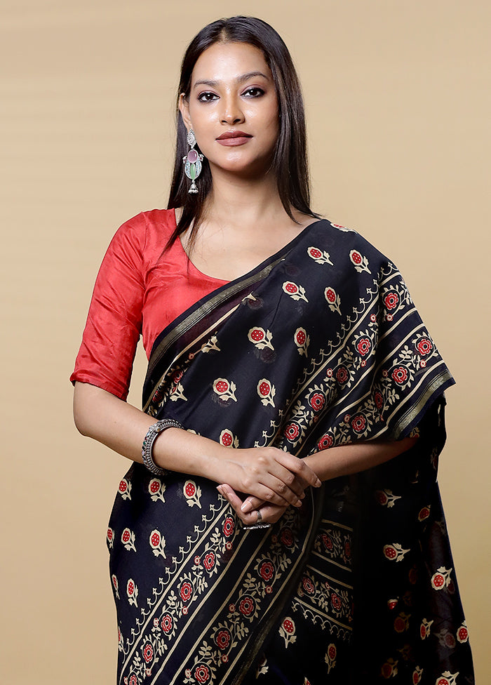 Black Chanderi Cotton Saree With Blouse Piece