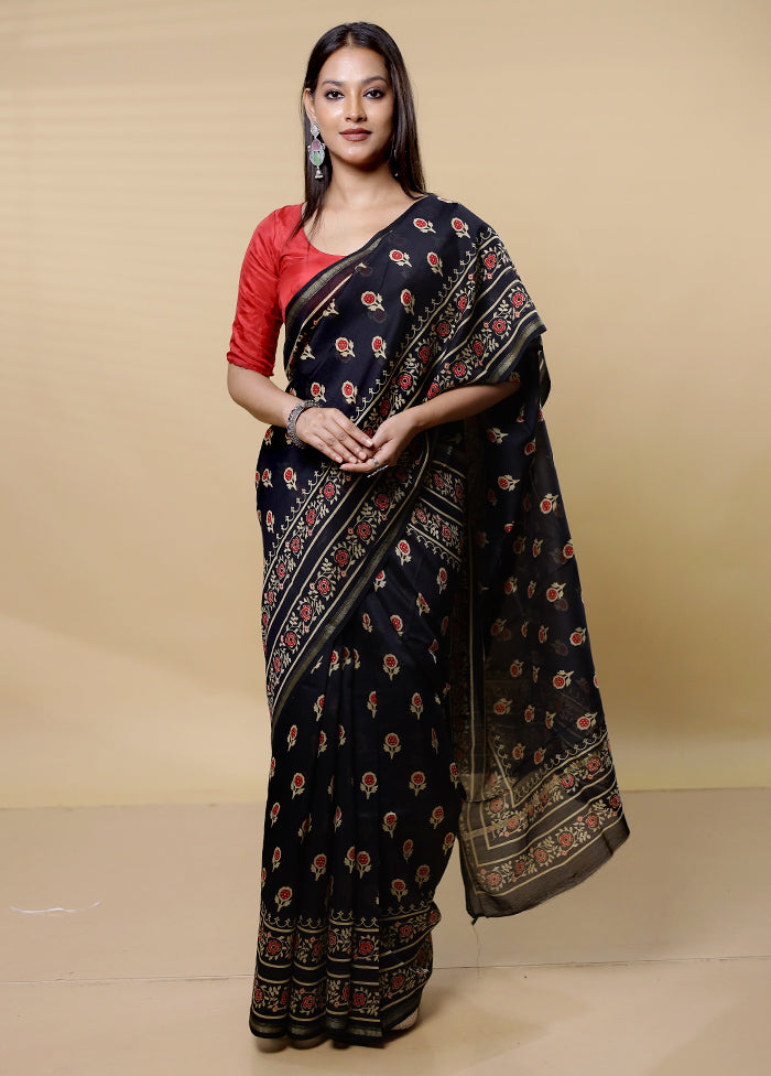 Black Chanderi Cotton Saree With Blouse Piece