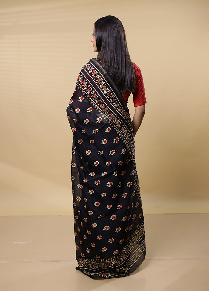 Black Chanderi Cotton Saree With Blouse Piece