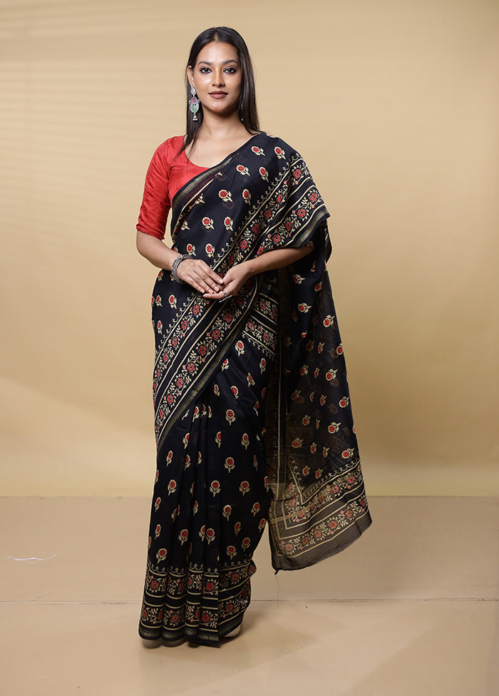 Black Chanderi Cotton Saree With Blouse Piece