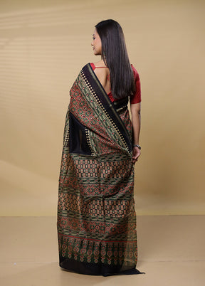 Black Chanderi Cotton Saree With Blouse Piece