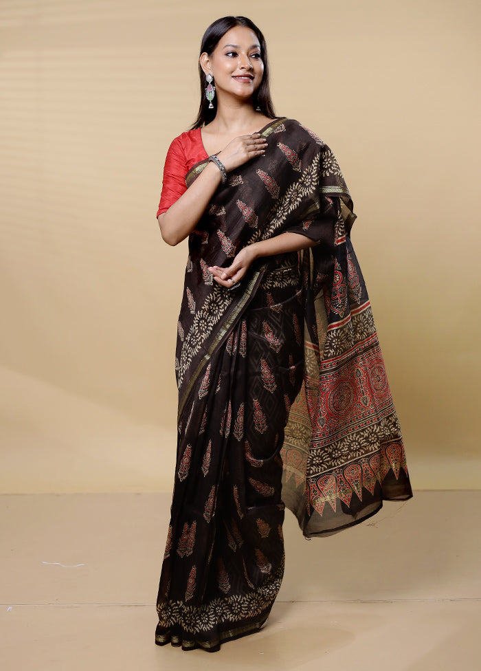 Black Chanderi Cotton Saree With Blouse Piece