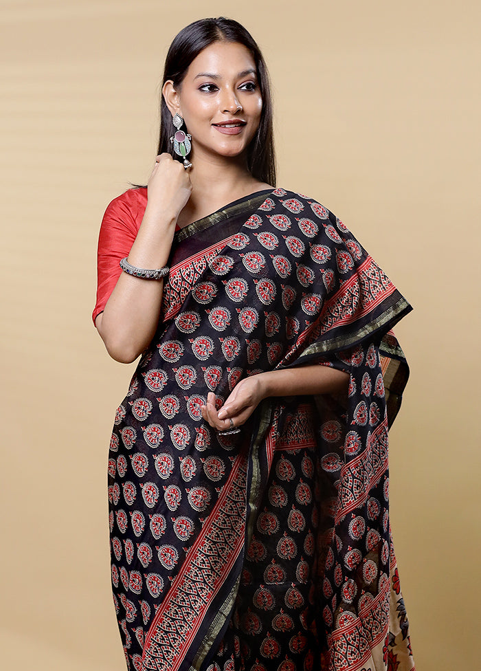 Black Chanderi Cotton Saree With Blouse Piece