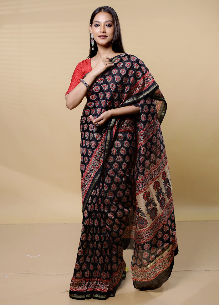 Black Chanderi Cotton Saree With Blouse Piece