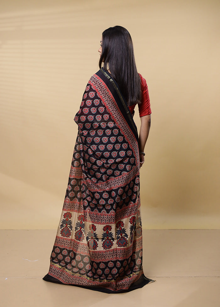 Black Chanderi Cotton Saree With Blouse Piece