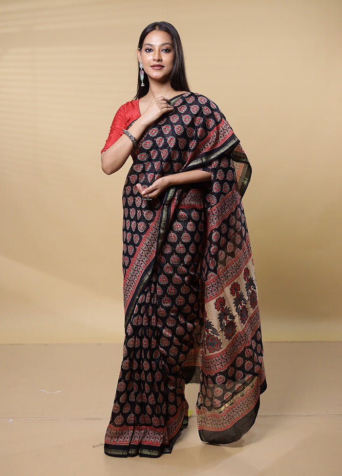 Black Chanderi Cotton Saree With Blouse Piece