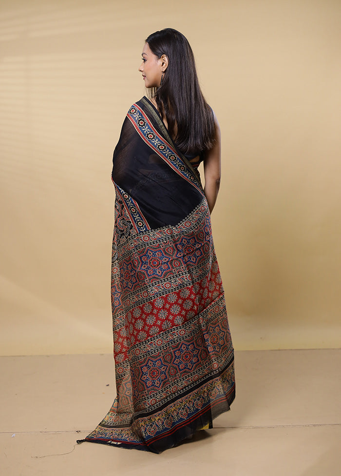 Black Chanderi Cotton Saree With Blouse Piece