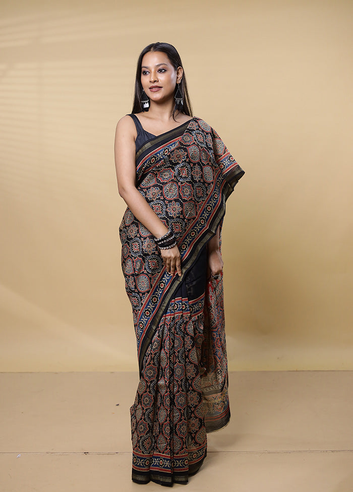 Black Chanderi Cotton Saree With Blouse Piece