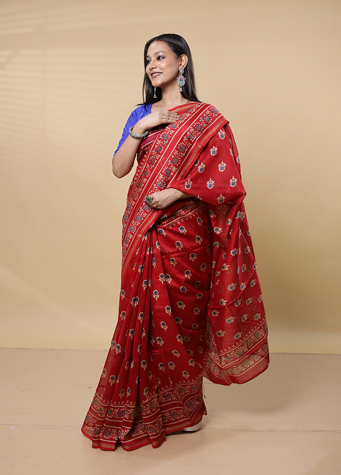 Red Chanderi Cotton Saree With Blouse Piece