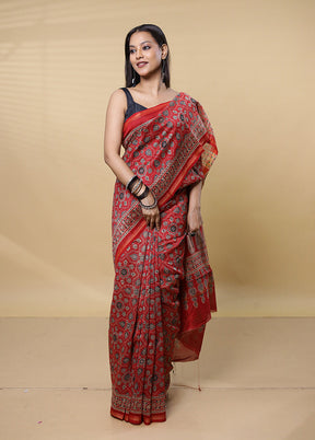 Red Chanderi Cotton Saree With Blouse Piece