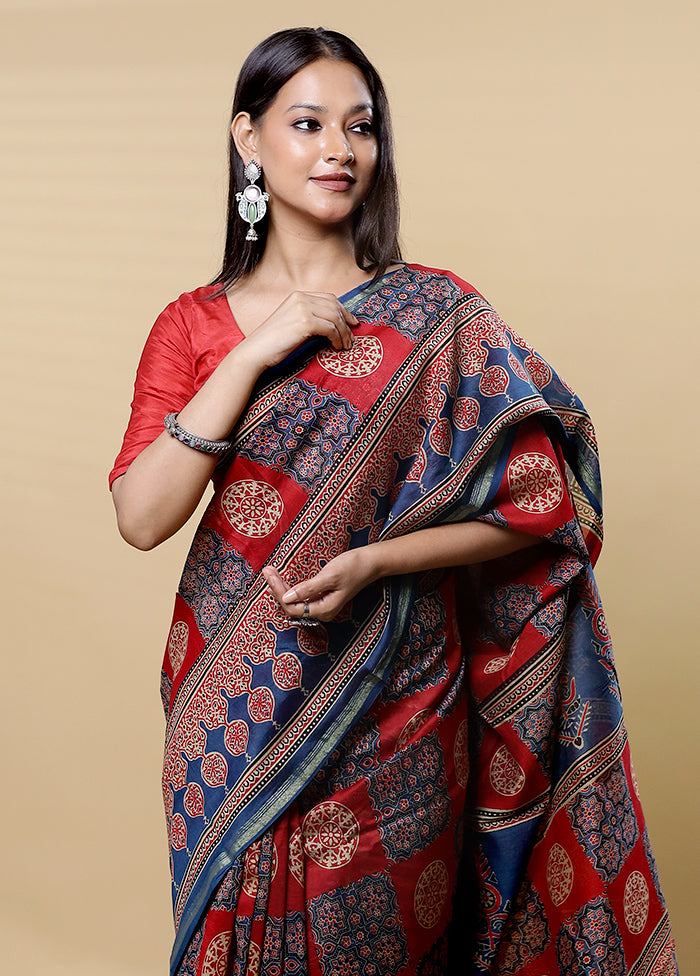 Red Chanderi Cotton Saree With Blouse Piece