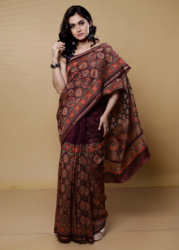 Maroon Chanderi Cotton Saree With Blouse Piece