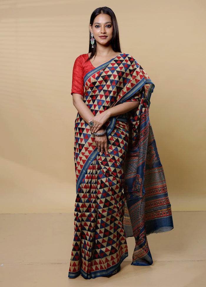 Cream Chanderi Cotton Saree With Blouse Piece