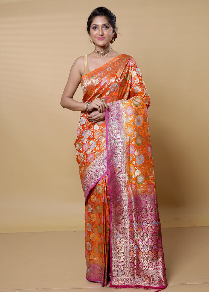 Orange Dupion Silk Saree With Blouse Piece