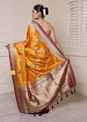 Yellow Dupion Silk Saree With Blouse Piece