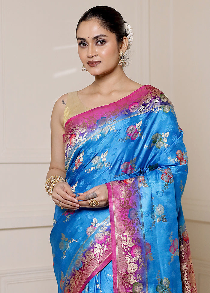 Blue Dupion Silk Saree With Blouse Piece