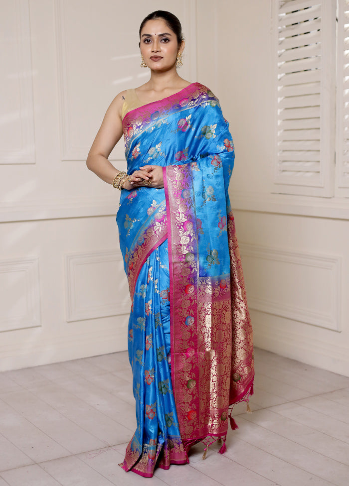 Blue Dupion Silk Saree With Blouse Piece