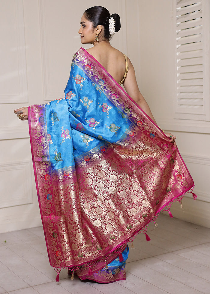 Blue Dupion Silk Saree With Blouse Piece