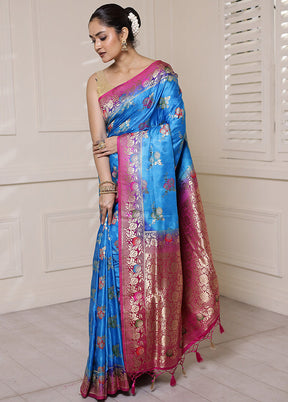 Blue Dupion Silk Saree With Blouse Piece