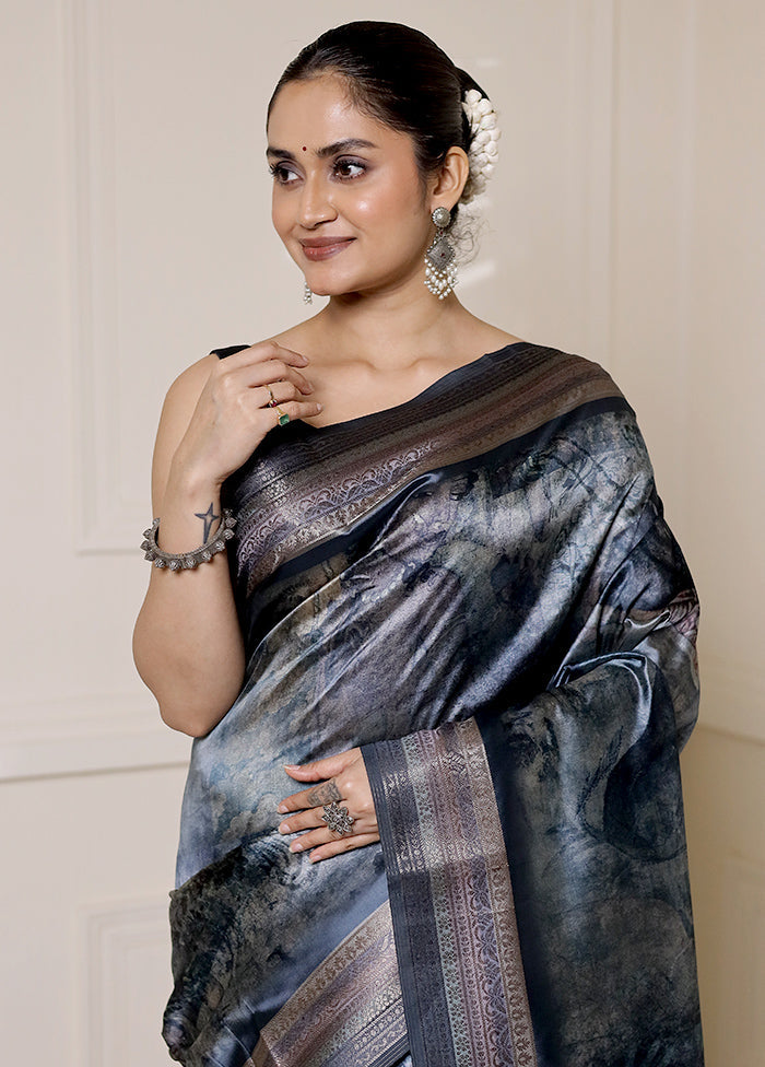 Blue Dupion Silk Saree With Blouse Piece