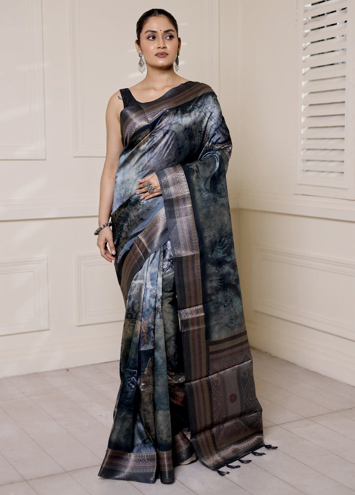 Blue Dupion Silk Saree With Blouse Piece