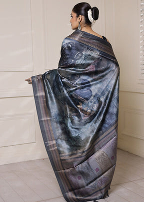 Blue Dupion Silk Saree With Blouse Piece