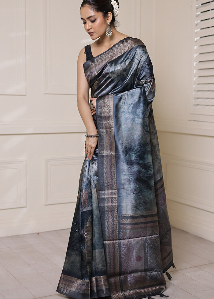 Blue Dupion Silk Saree With Blouse Piece