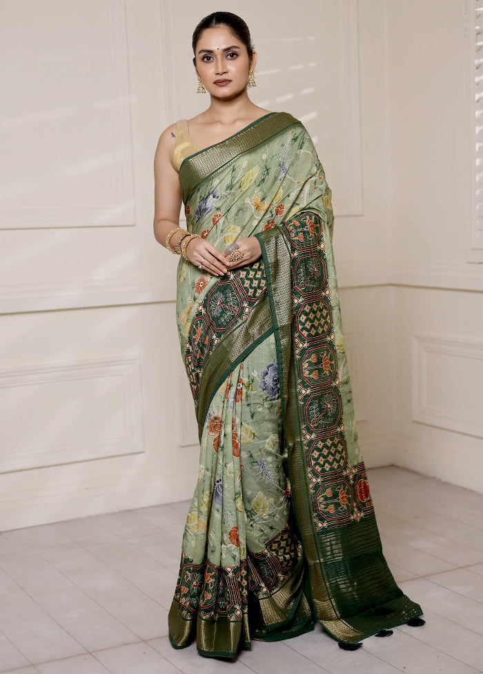 Green Dupion Silk Saree With Blouse Piece