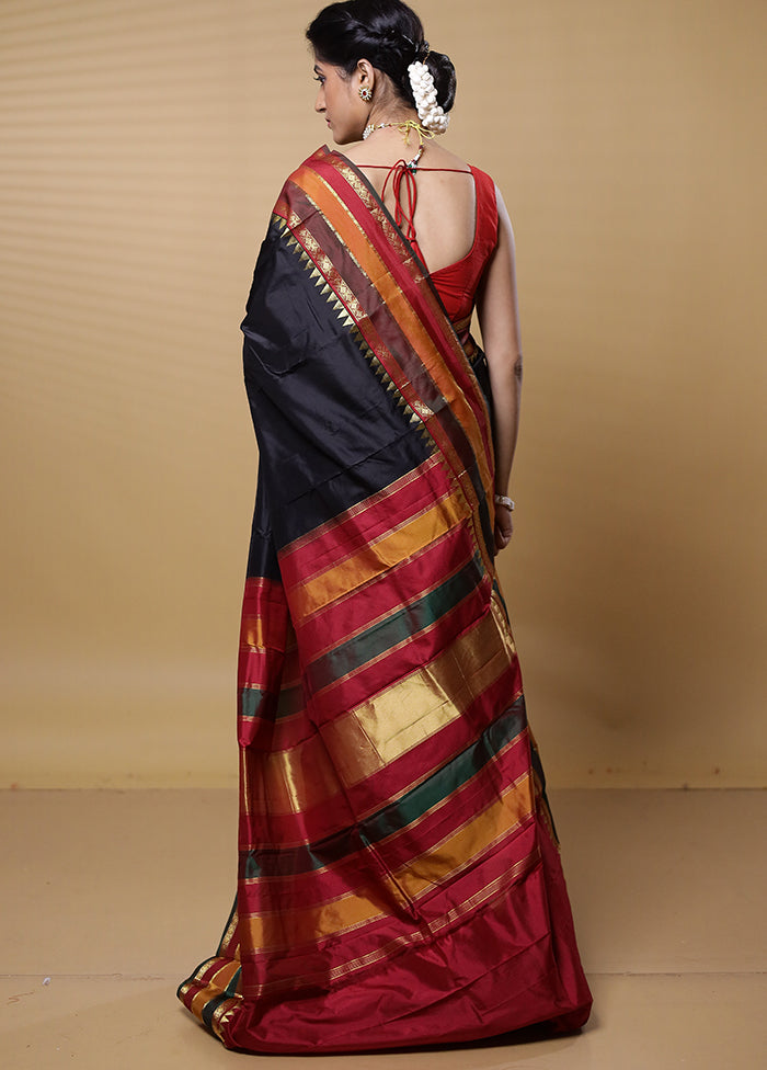 Black Handloom Kanjivaram Pure Silk Saree With Blouse Piece