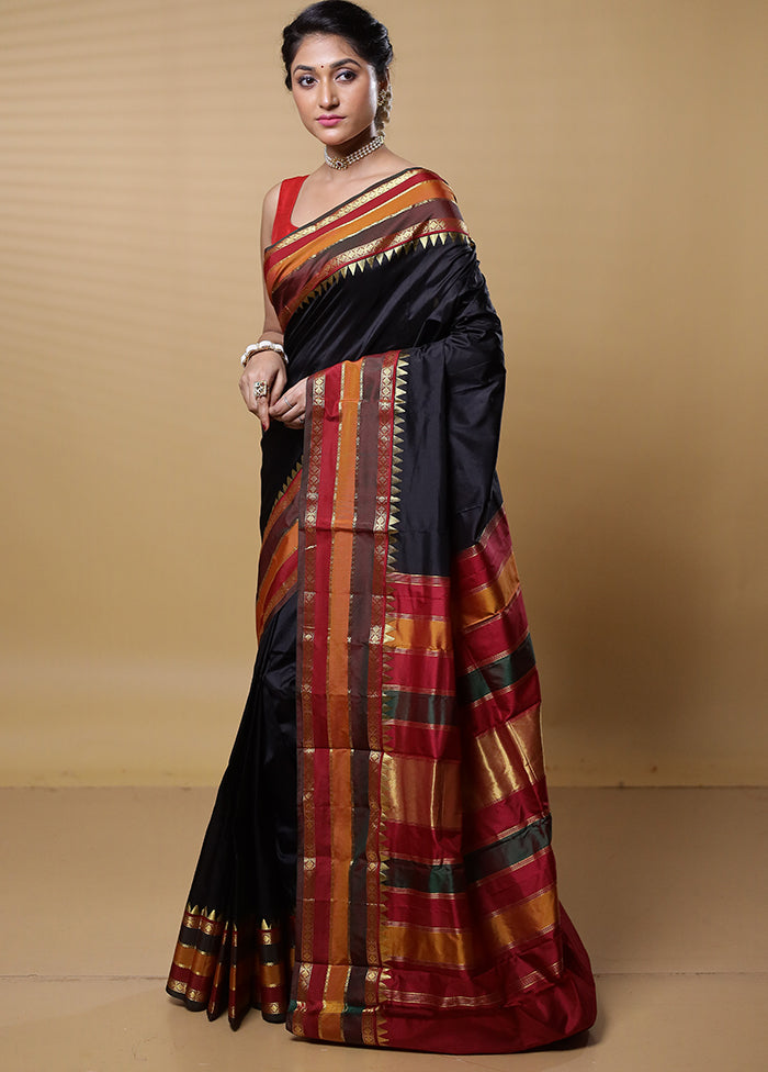 Black Handloom Kanjivaram Pure Silk Saree With Blouse Piece