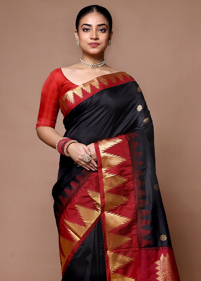 Black Handloom Kanjivaram Pure Silk Saree With Blouse Piece