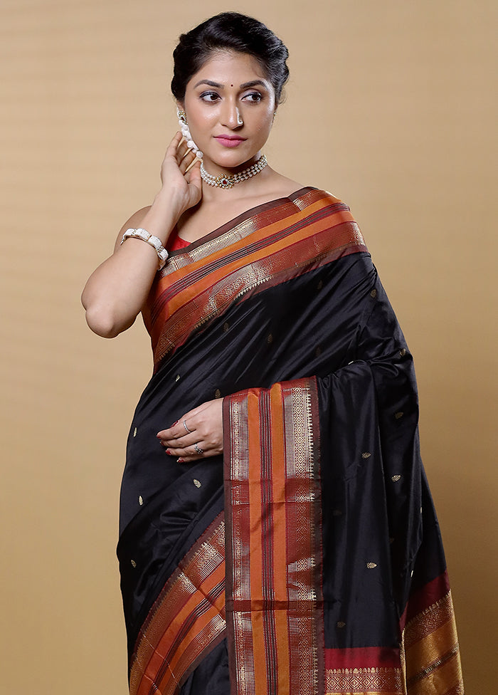 Black Handloom Kanjivaram Pure Silk Saree With Blouse Piece