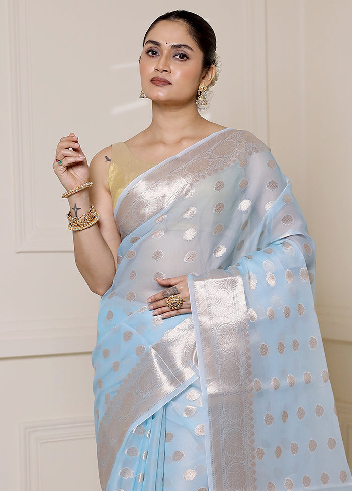 Blue Organza Saree With Blouse Piece