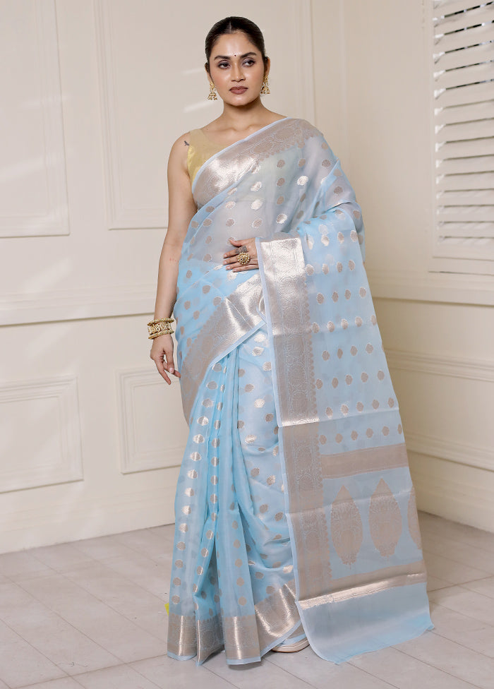 Blue Organza Saree With Blouse Piece