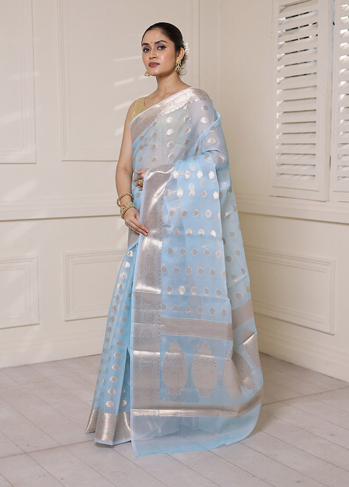 Blue Organza Saree With Blouse Piece