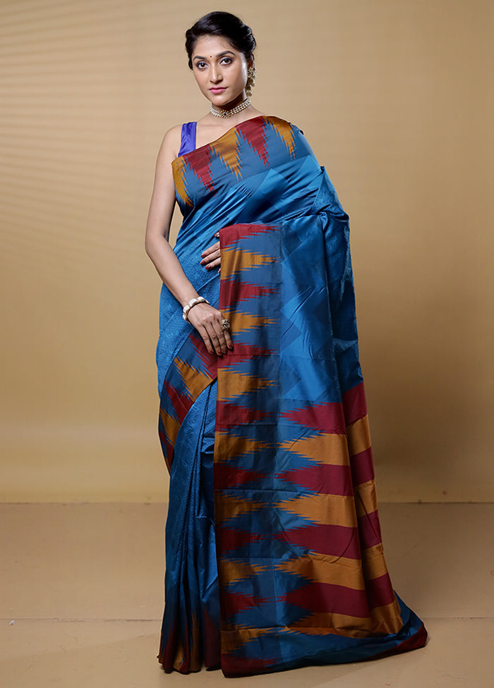 Blue Kanjivaram Silk Saree With Blouse Piece