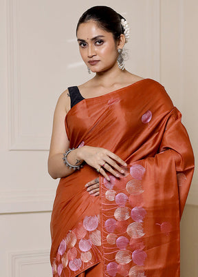 Rust Dupion Silk Saree With Blouse Piece