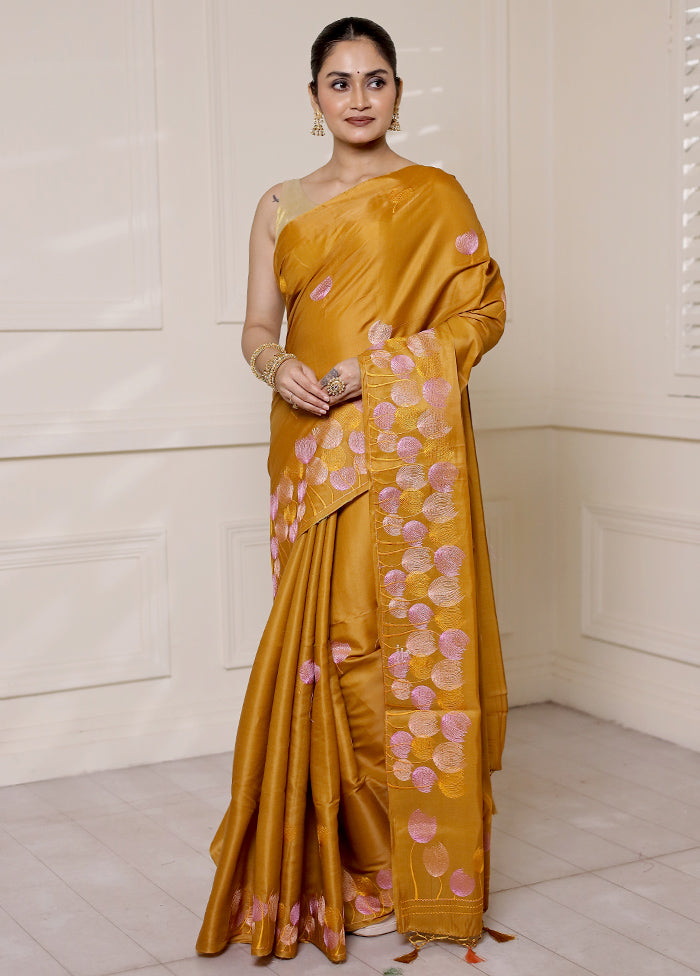 Yellow Dupion Silk Saree With Blouse Piece