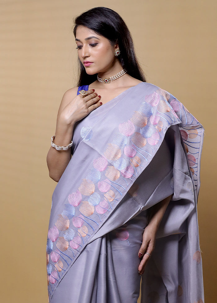 Grey Dupion Silk Saree With Blouse Piece