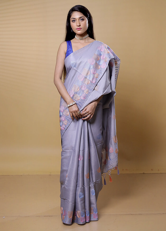 Grey Dupion Silk Saree With Blouse Piece